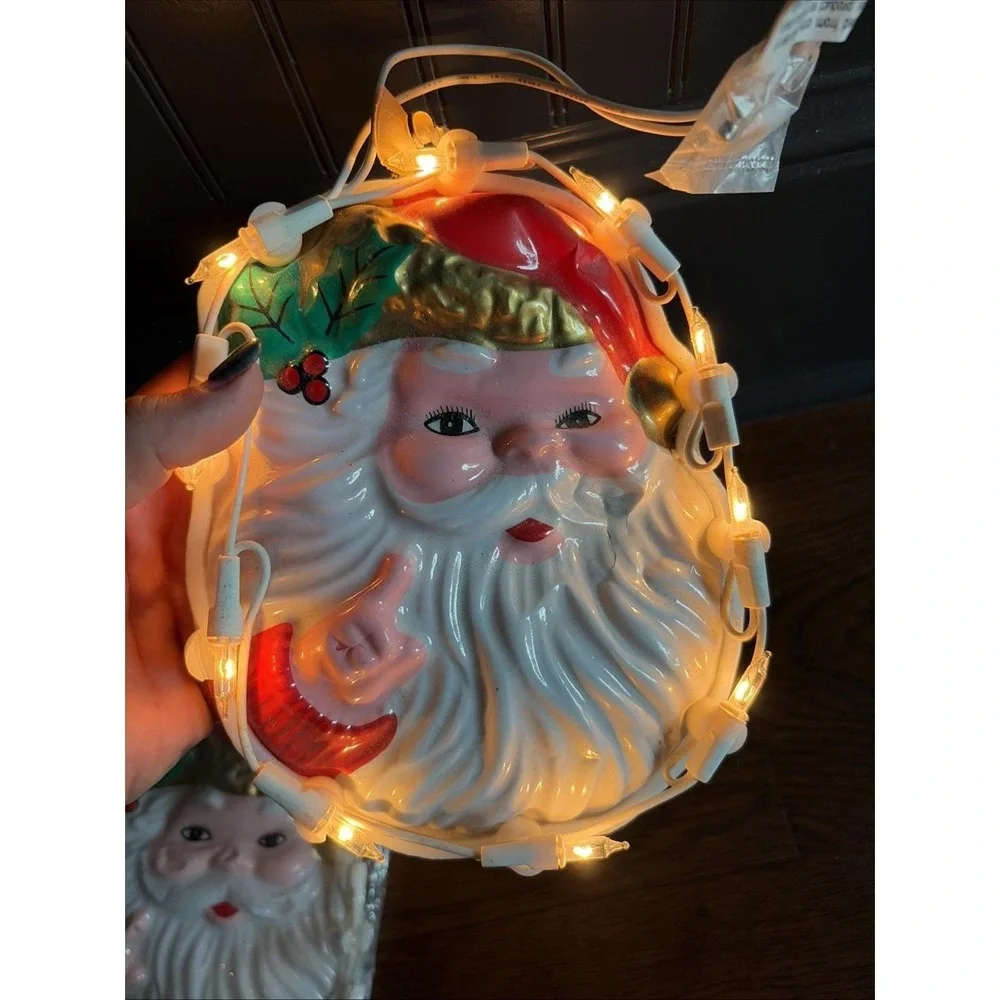 VTG 1999 Plastic Santa Face With Lights~ Tested & 1 New In Package! Lot Of 2